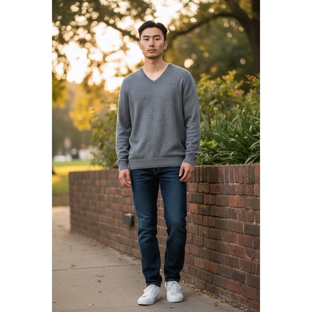 Express Mens‎ Merino Wool Blend V-Neck Sweater Heather Grey Large Regular Fit
